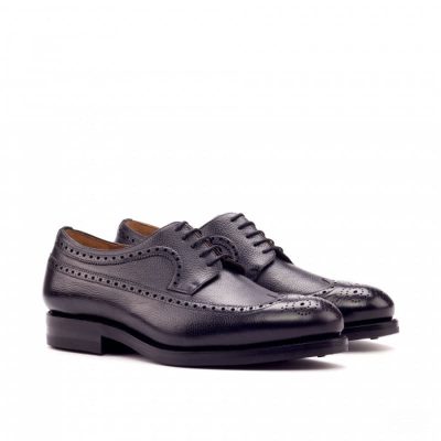 Custom Made Goodyear Welted Long Wingtip Blucher in Black Painted Full Grain Leather