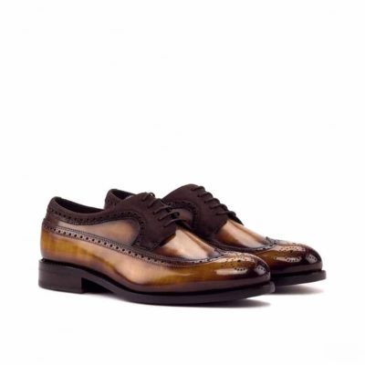 Custom Made Goodyear Welted Long Wingtip Blucher in Italian Raw Crust Leather with a Cognac Hand Patina with Brown Kid Suede