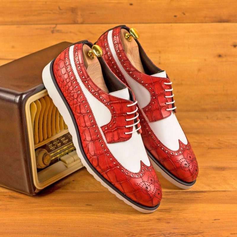 Custom Made Men's Longwing Blucher in Red Painted Croco with White and Black Box Calf