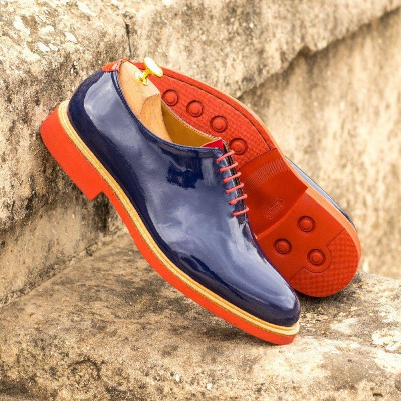 Custom Made Men's Wholecut Dress Shoes in Cobalt Blue Patent Leather with Red Kid Suede and Patent Leather