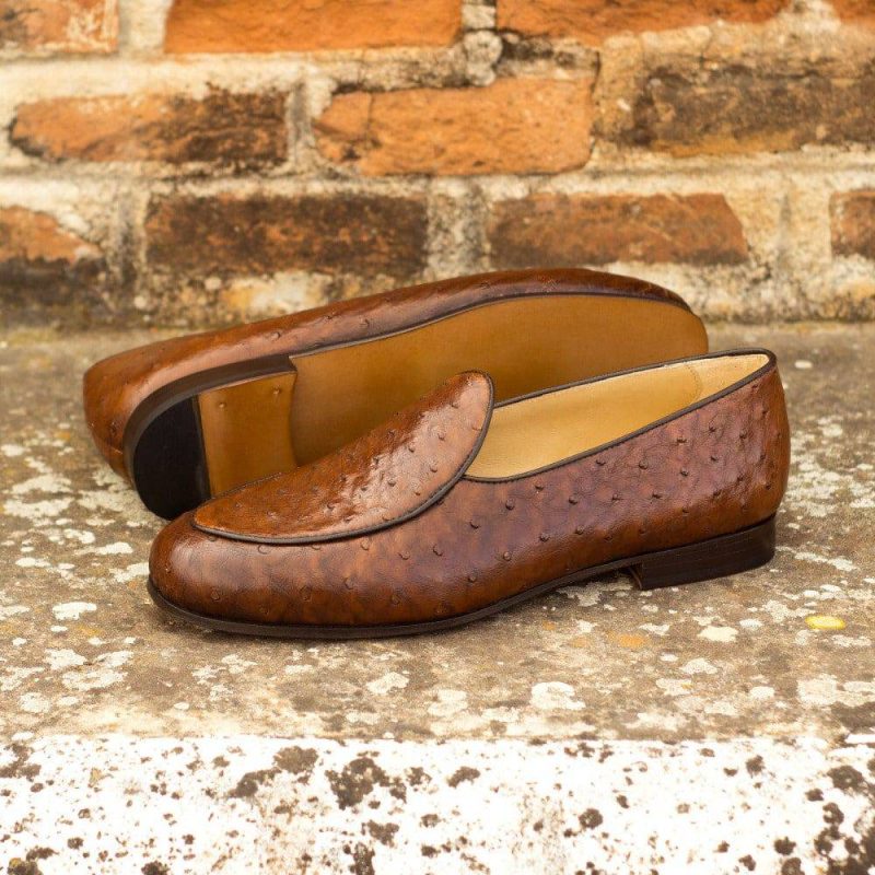 Custom Made Men's Belgian Slipper in Medium Brown Genuine Ostrich with Dark Brown Painted Calf