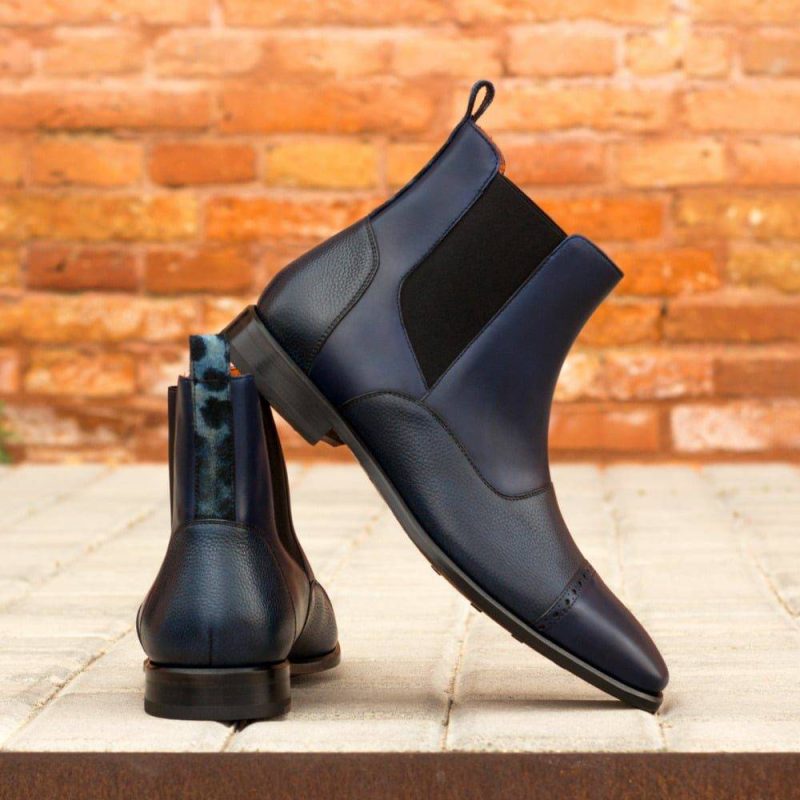 Custom Made Men’s Chelsea Boot Multi in Navy Blue Painted Calf and Full Grain Leather with Blue Leopard Print