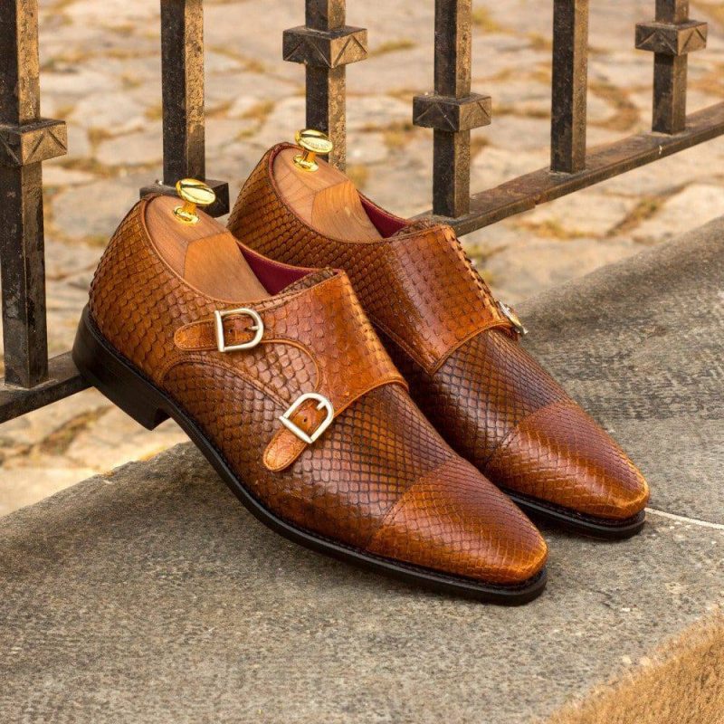 Custom Made Men’s Goodyear Welted Double Monks in Cognac and Medium Brown Genuine Python