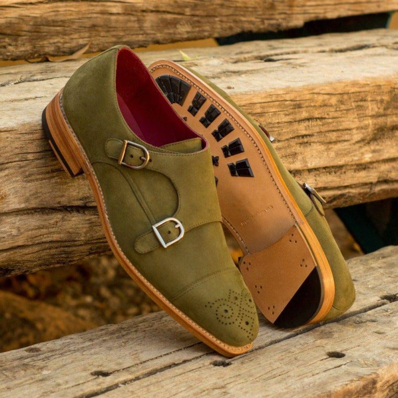 Custom Made Men’s Goodyear Welted Double Monks in Khaki Kid Suede