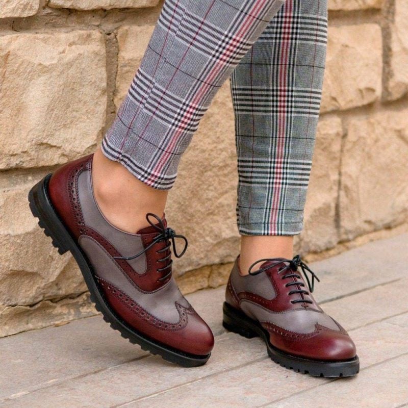 Custom Made Women's Full Brogues in Burgundy and Grey Painted Calf Leather