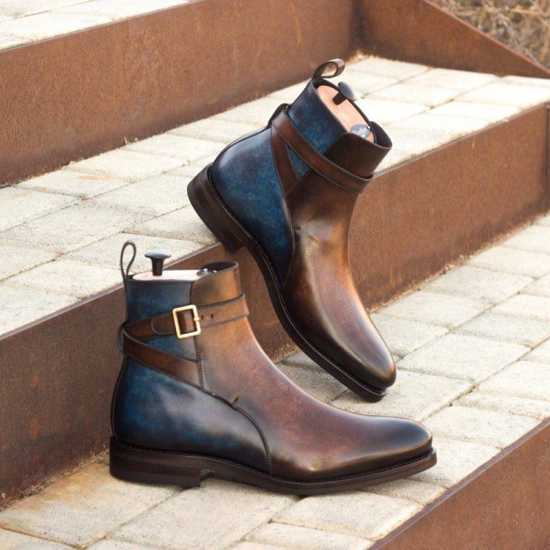 Custom Made Goodyear Welt Men’s Jodhpur Boot in Italian Calf Leather with a Denim Blue and Brown Hand Patina Finish